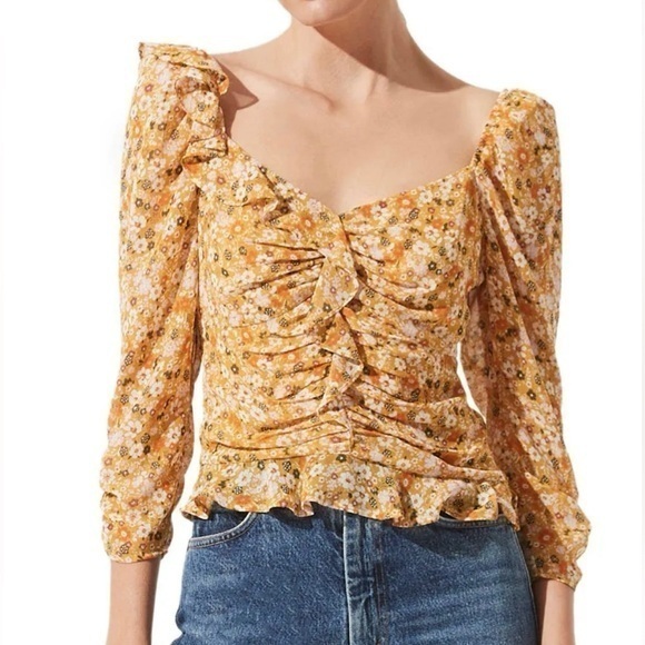Astr Ruched Sleeve Sweetheart Top Mustard Orange Ditsy Floral Print Xl